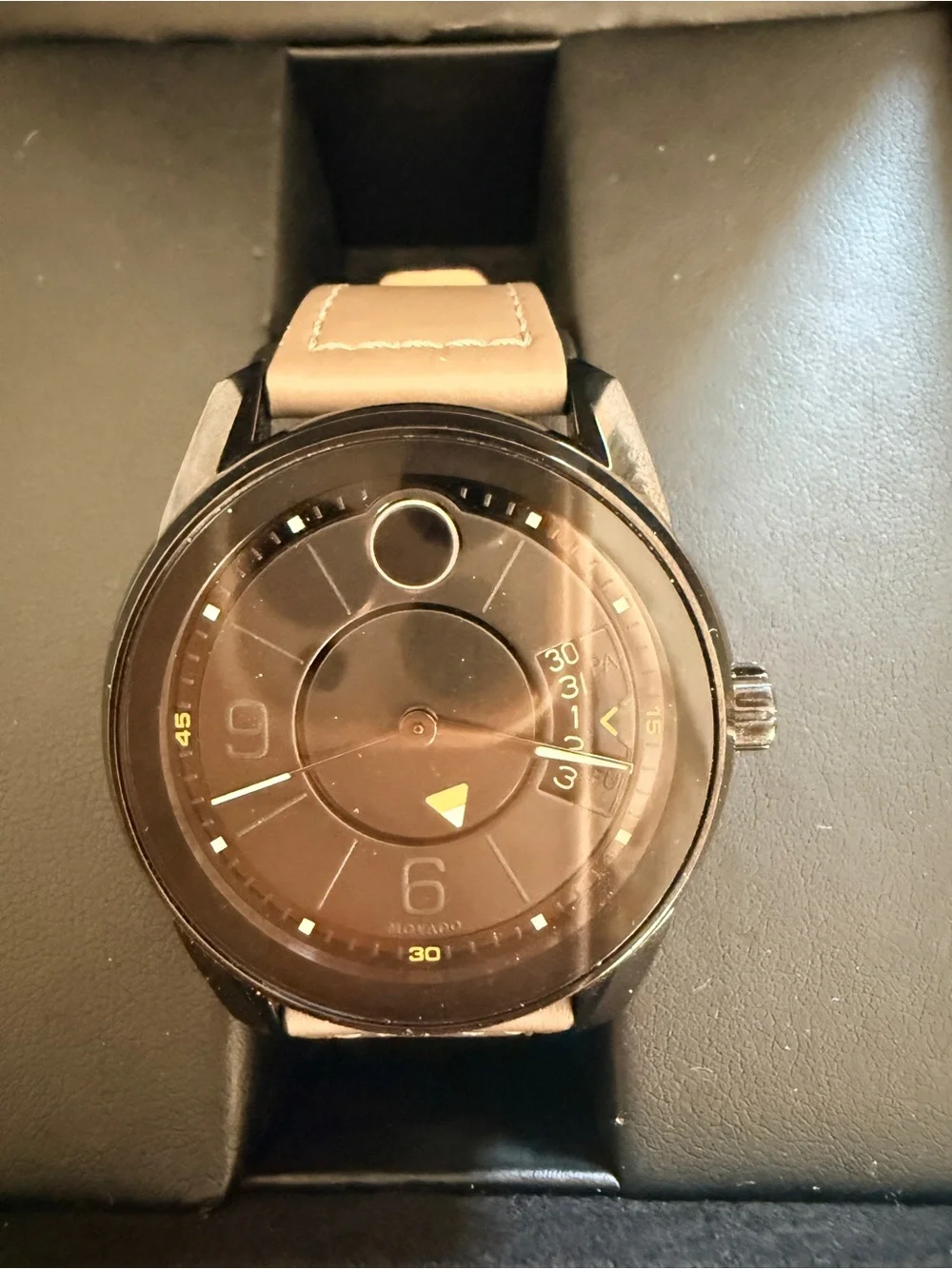 Movado BOLD Men's Black Dial Watch with Grey Leather Strap